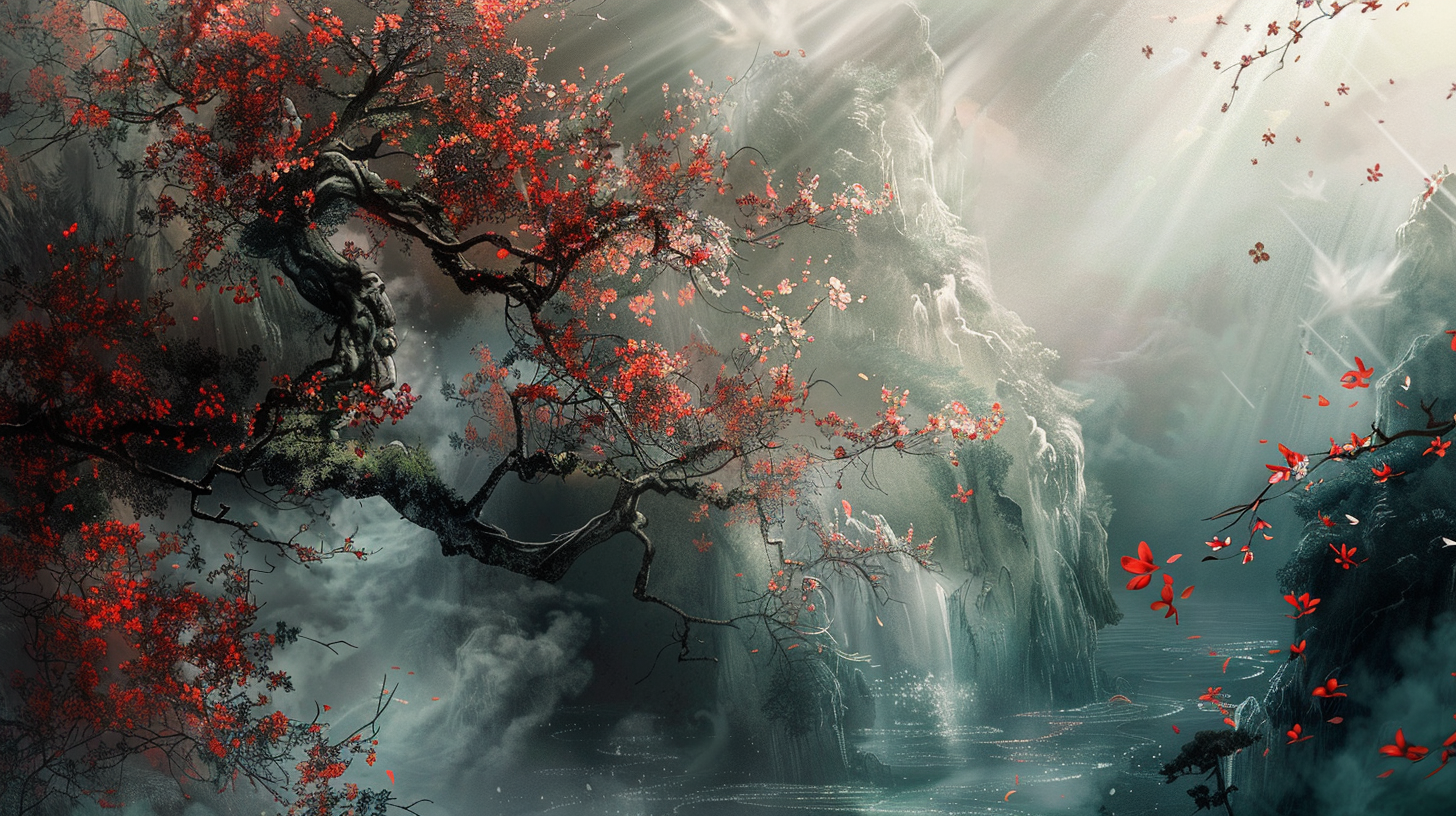 A Chinese styled Wallpaper with a Waterfall and a Chinese Tree covering half the Image.